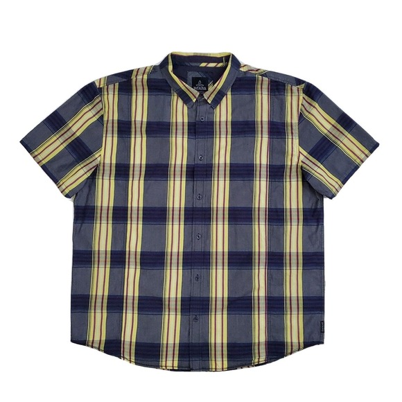 PrAna (Mens‎ Size XXL 2XL) Short Sleeve Button Front Shirt Black Yellow Plaid - Picture 1 of 6